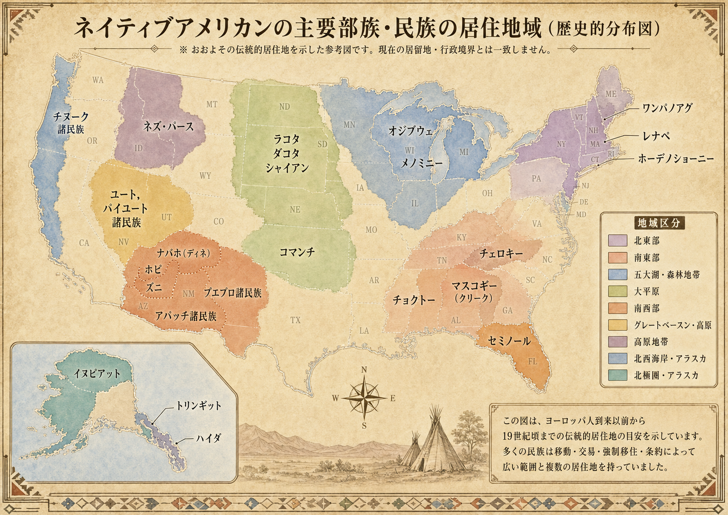 ネイティブアメリカンの主要民族・民族の歴史的居住地域を示した米国地図
